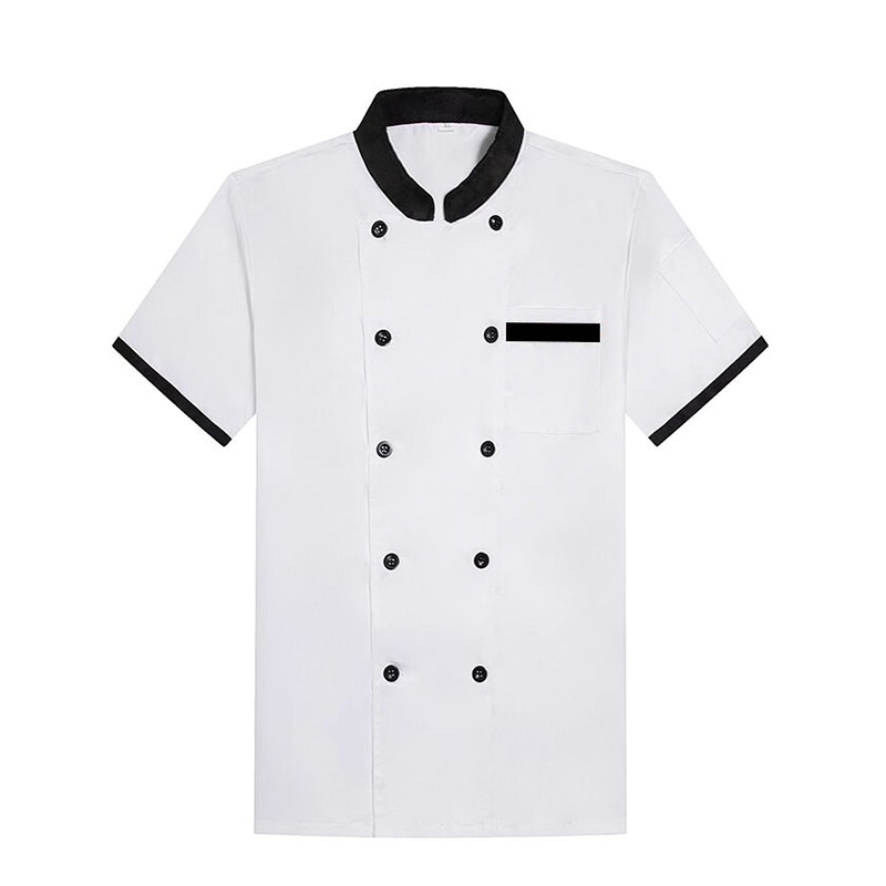 短袖白黑飾邊夾克 日常餐飲舒適廚房着裝