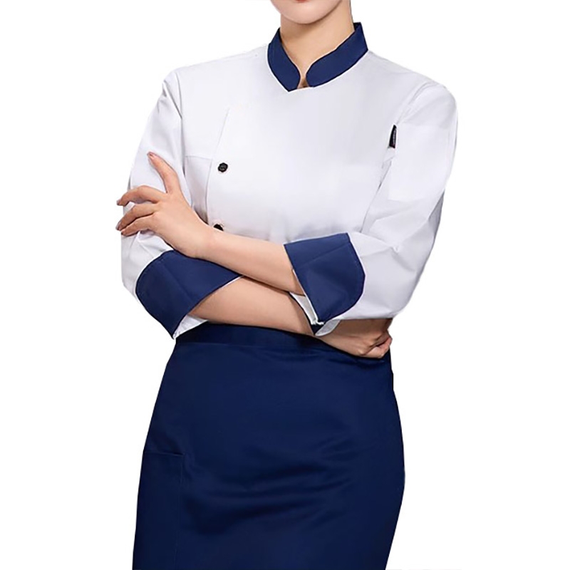 藍白色飾邊制服套裝 七分袖帶圍裙廚房外套 專業廚師着裝