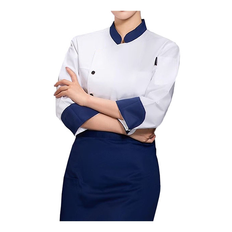 藍白色飾邊制服套裝 七分袖帶圍裙廚房外套 專業廚師着裝