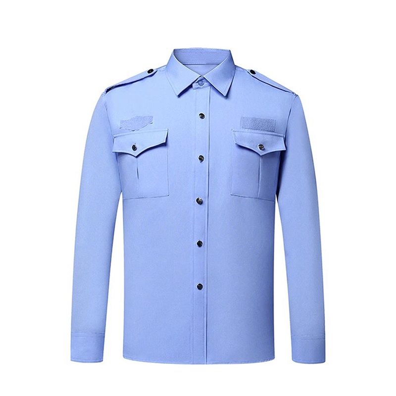 淺藍色長袖制服襯衫 帶胸袋和肩章的專業扣領襯衫 安保及行政行業正式着裝