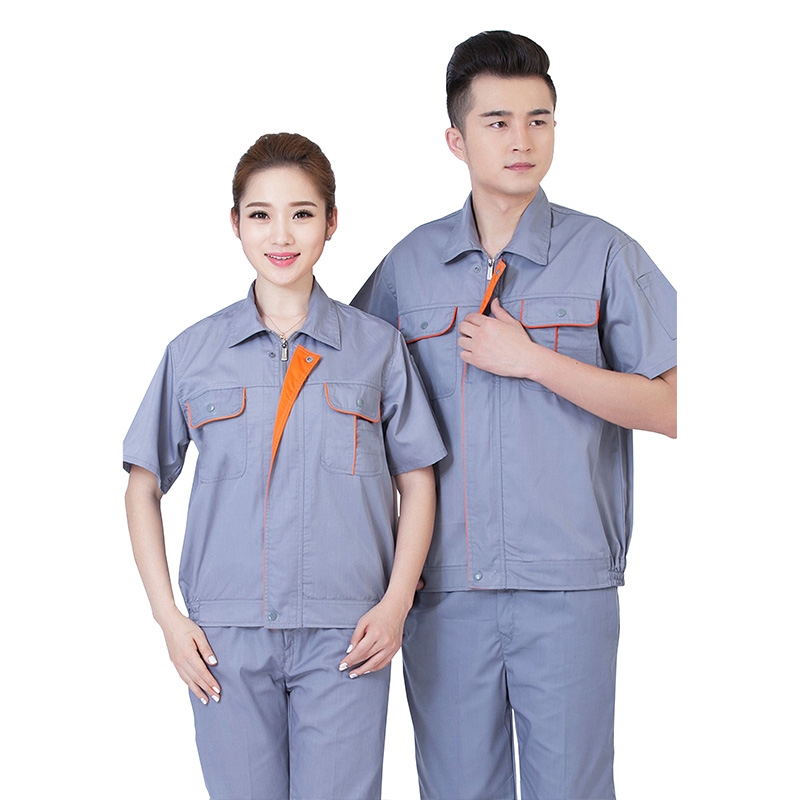 夏季作業 吸汗透氣耐磨服 定製灰橙邊短袖套裝