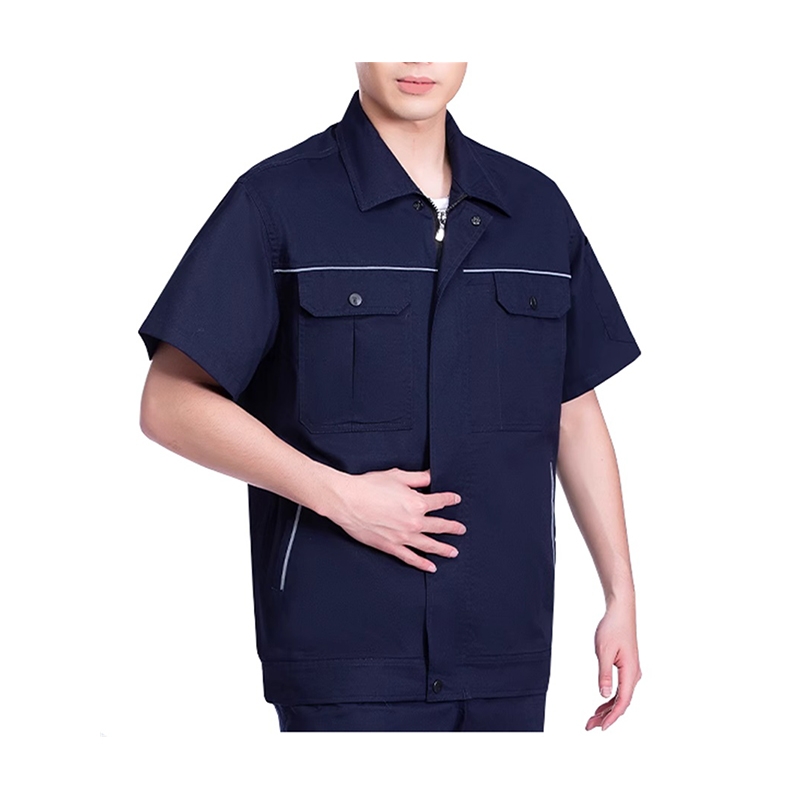 夏季藏青色短袖上衣，工廠耐磨勞保服
