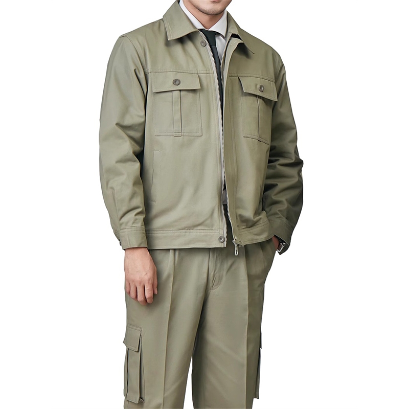 拉鍊 + 多口袋設計  卡其色長袖工裝套裝