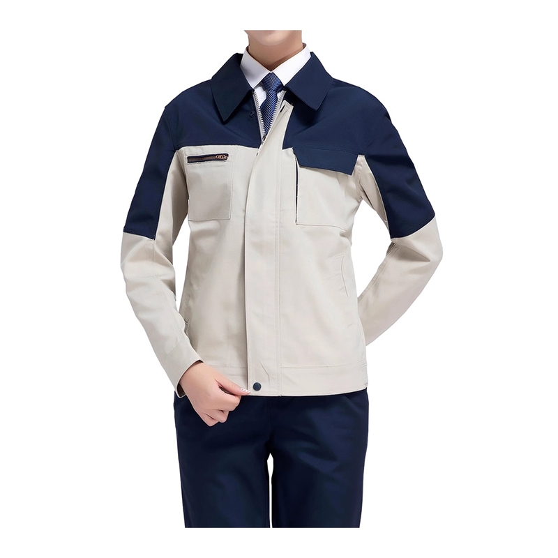企業團隊定製工裝 藏青拼米白雙開襟工裝上衣